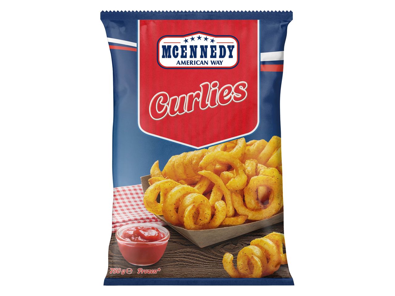 Sachet de frites McEnnedy Curlies surgelées.
