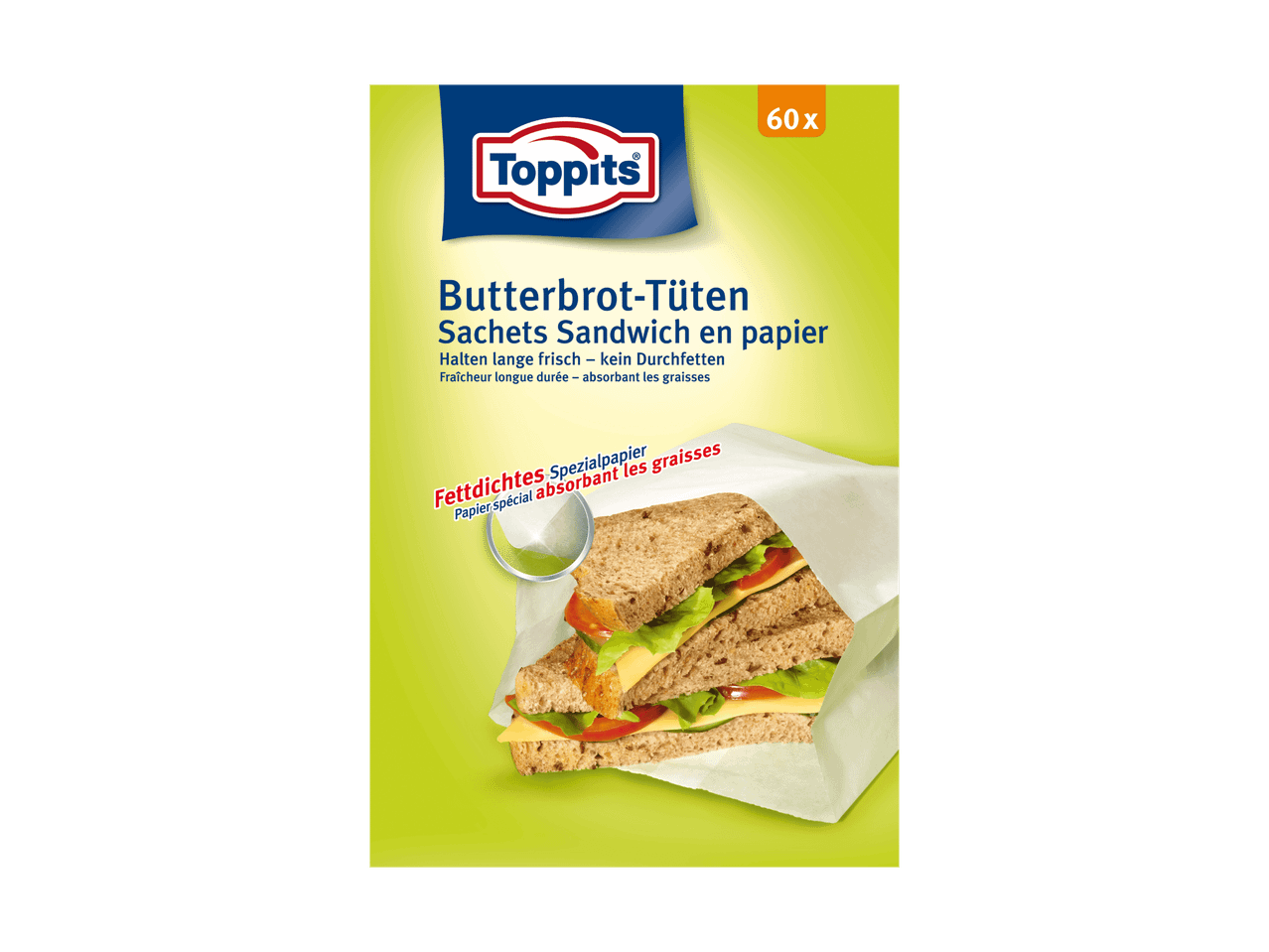 Toppits Butterbrot-Tüten für Sandwiches, fettdichtes Spezialpapier, 60 Stück.
