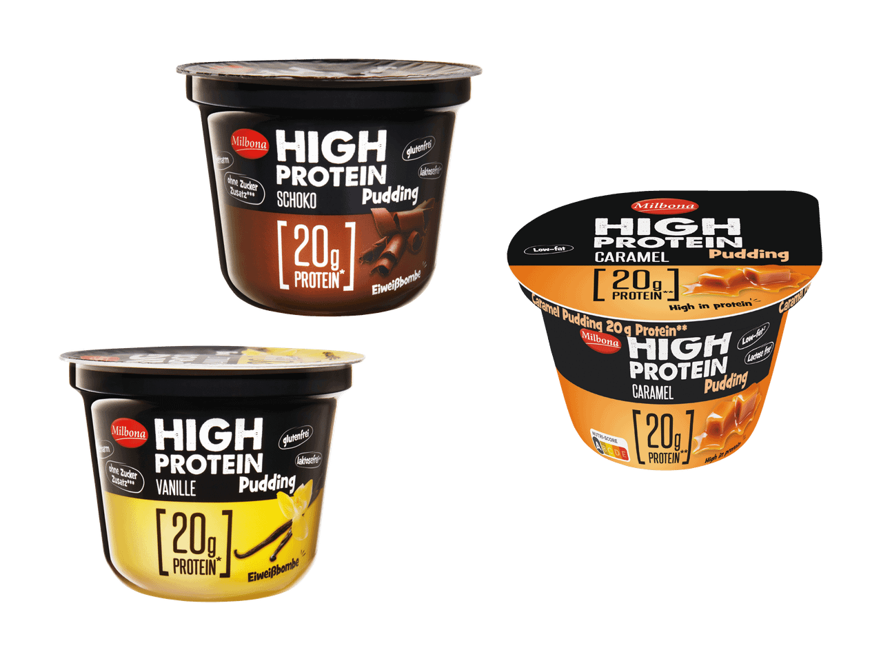 Drei Milbona High Protein Puddings in den Geschmacksrichtungen Schoko, Vanille und Karamell.