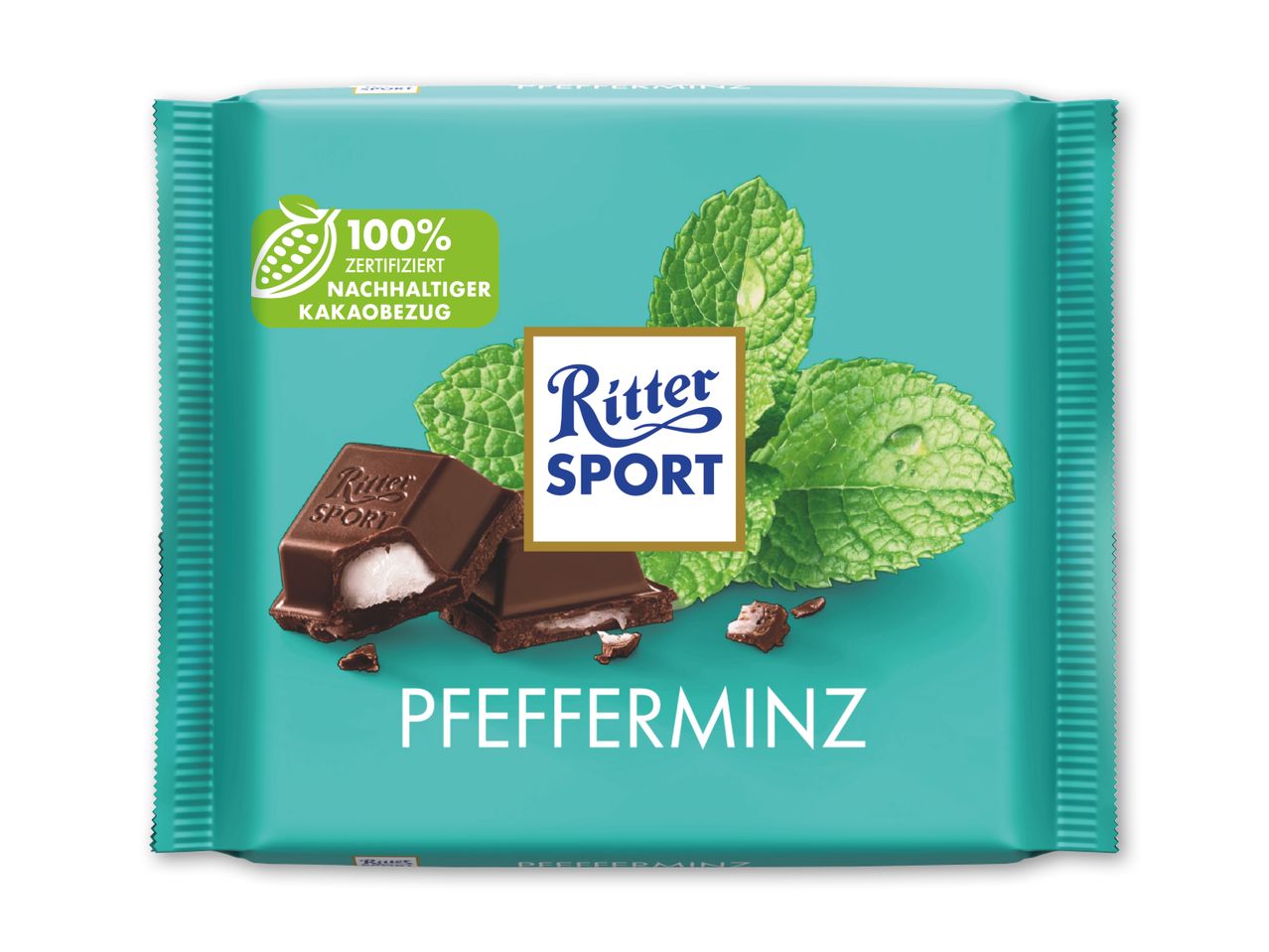Mørk chokolade med mintfyld og friske mynteblade, 100% certificeret bæredygtig kakao.