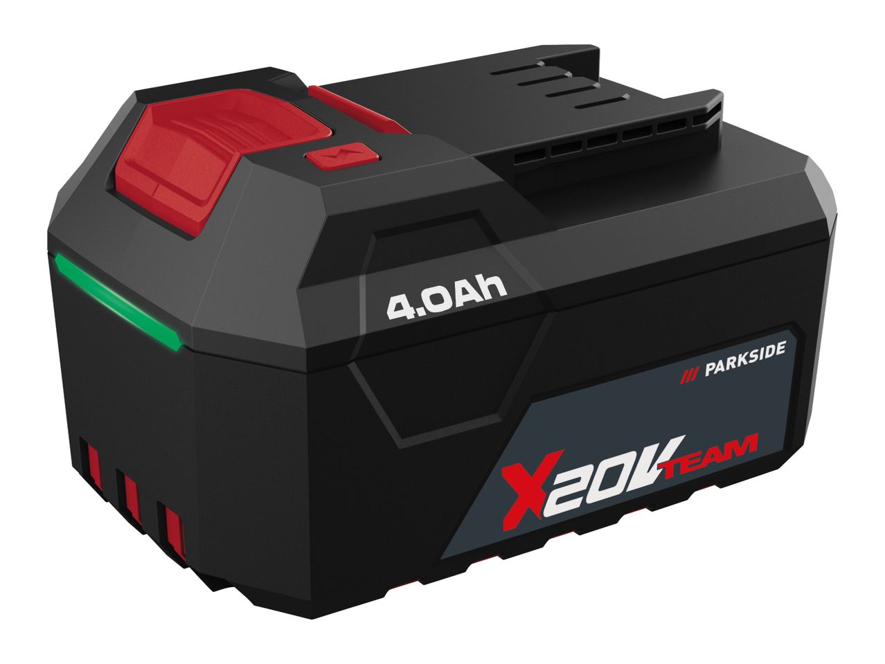 Black and red power tool battery with 4.0Ah capacity and a green indicator light.