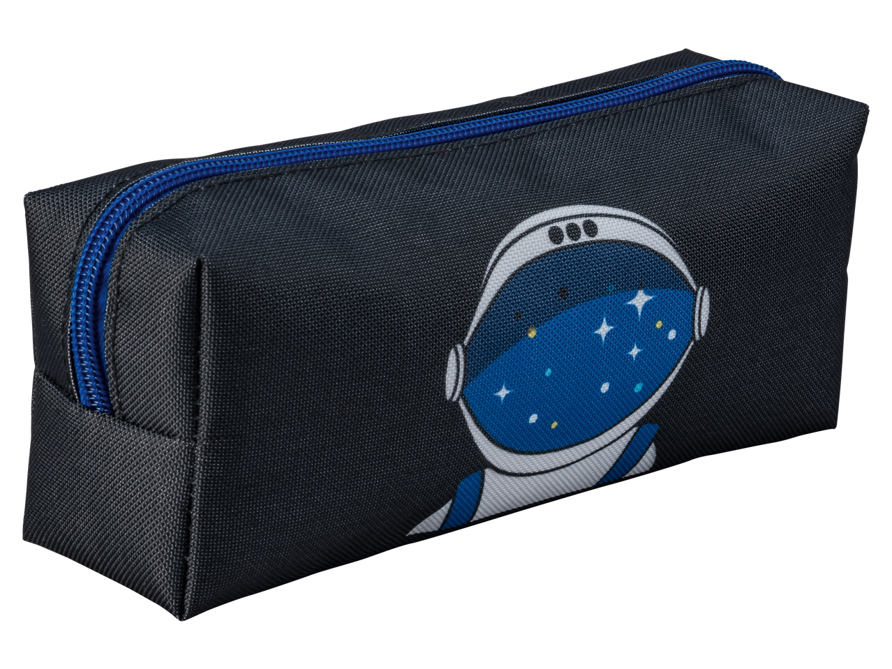 Crelando Pencil Case with a blue zipper and an astronaut design on a dark background.