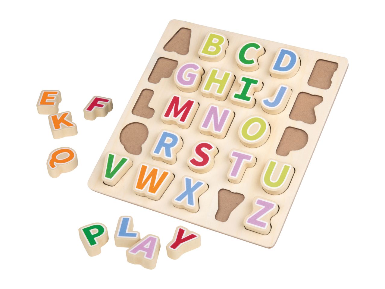 A wooden alphabet puzzle with colorful letters, some placed in the board and some scattered.