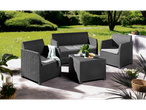 Dark gray wicker patio set: sofa, armchairs, and coffee table.