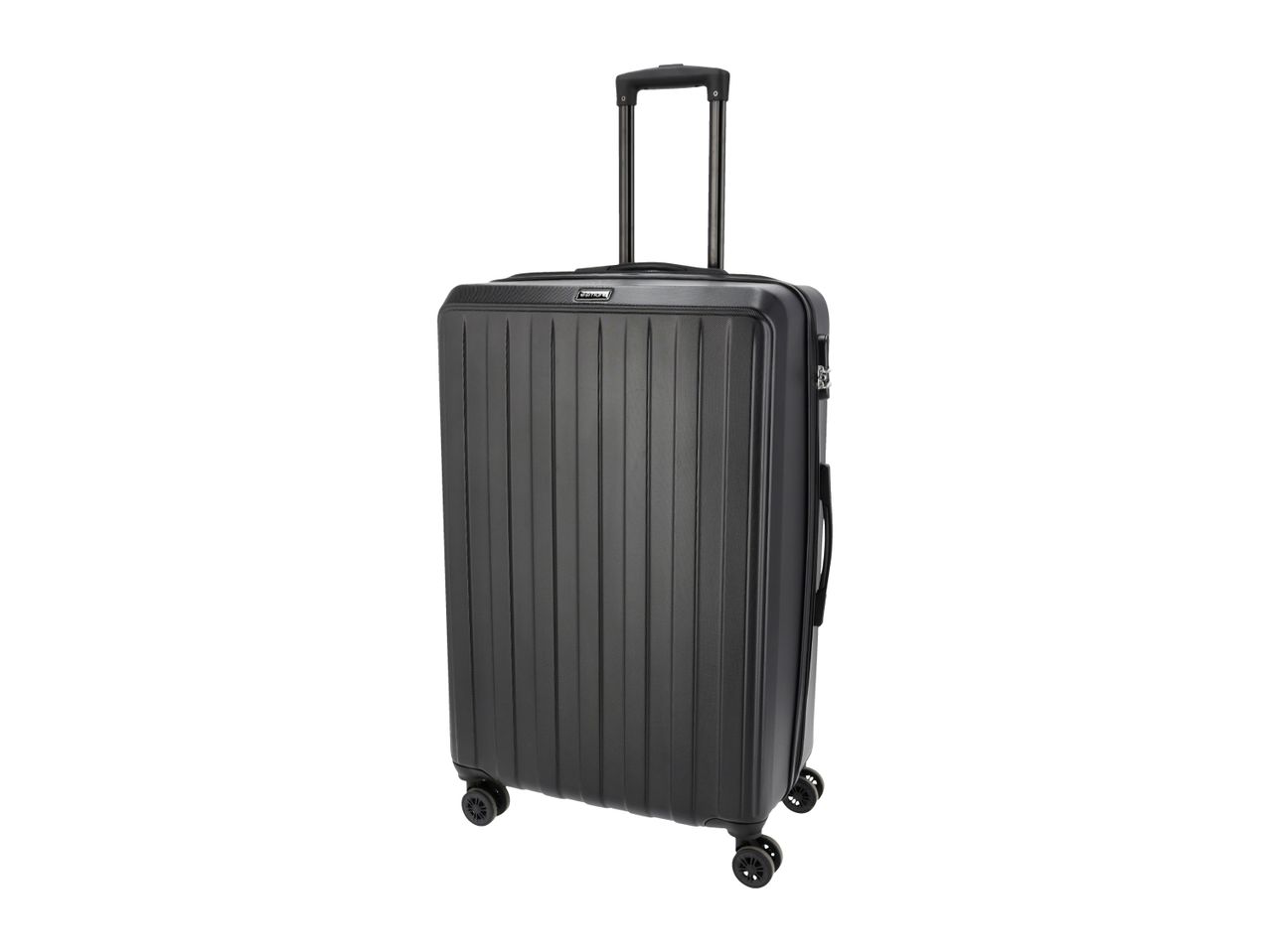 Black hard-shell suitcase with an extended handle and four spinner wheels.