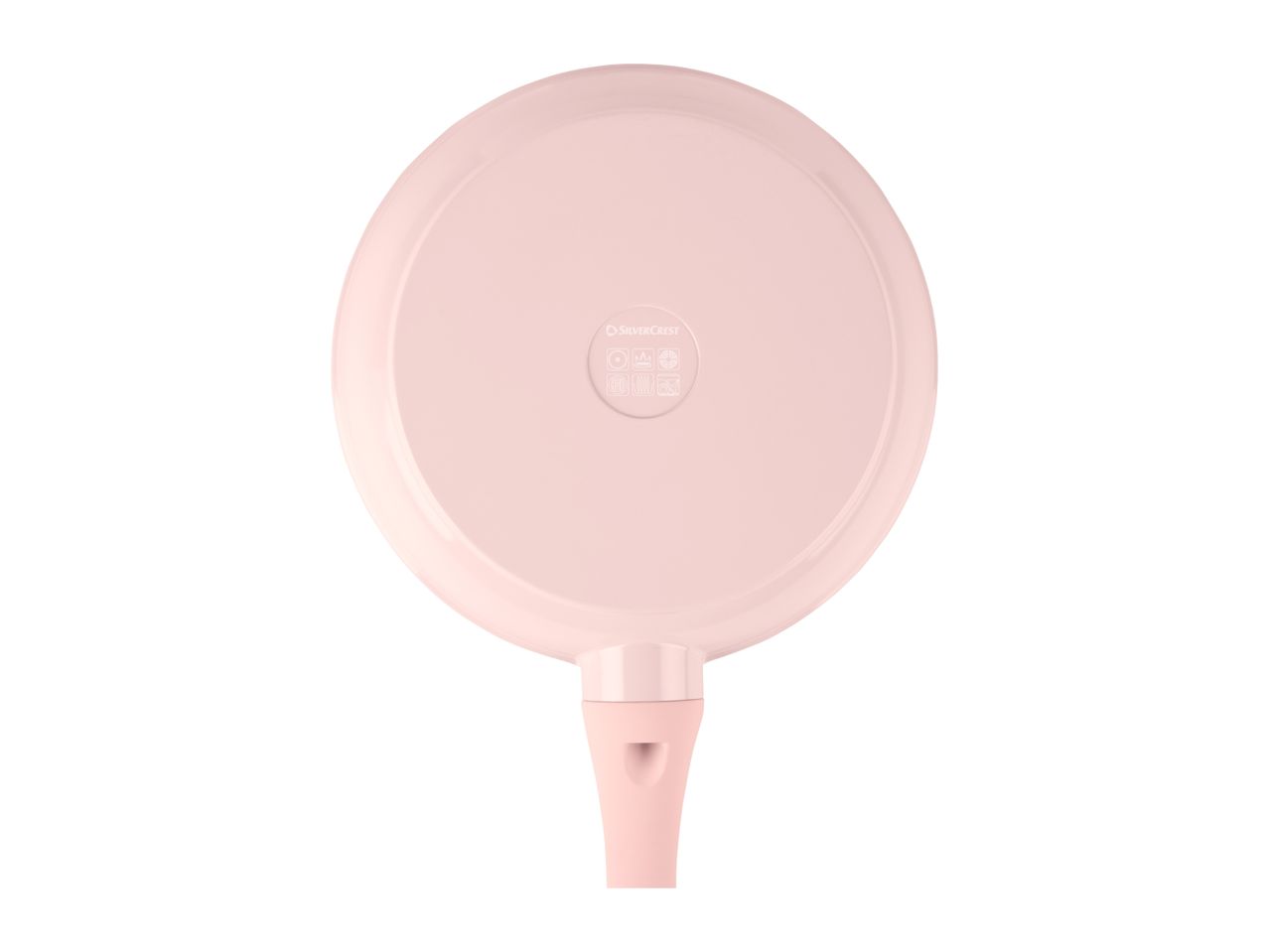Pink SilverCrest frying pan with a handle, viewed from the bottom.