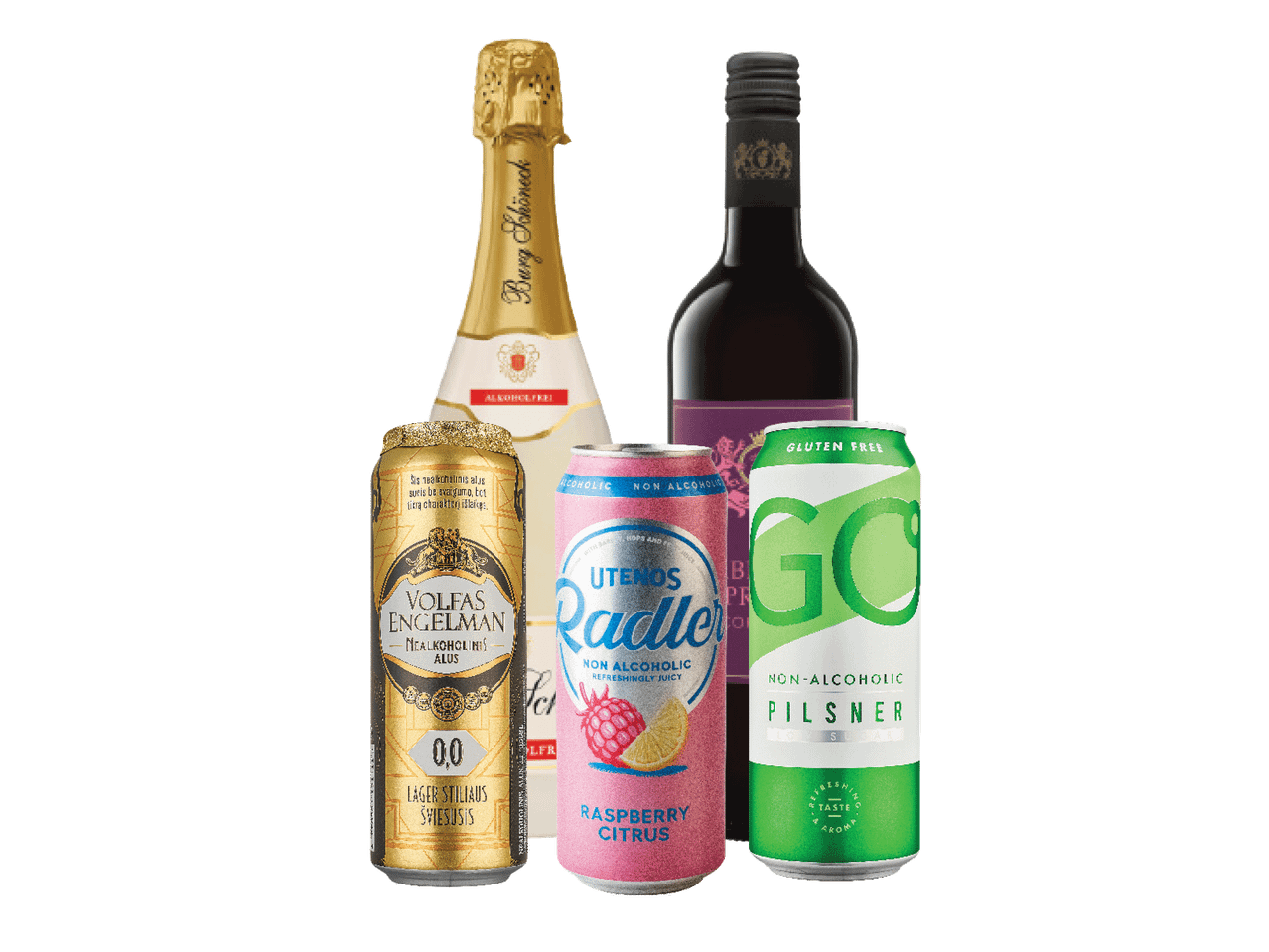 Nealkoholiniai gėrimai: putojantis vynas, raudonasis vynas, Volfas Engelman alus, Utenos Radler ir GO Pilsner.