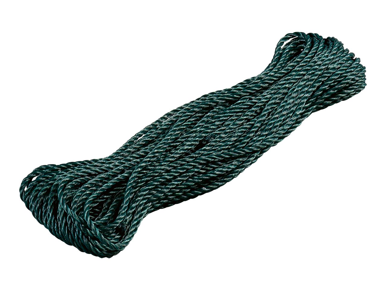 A coil of dark green polypropylene rope.