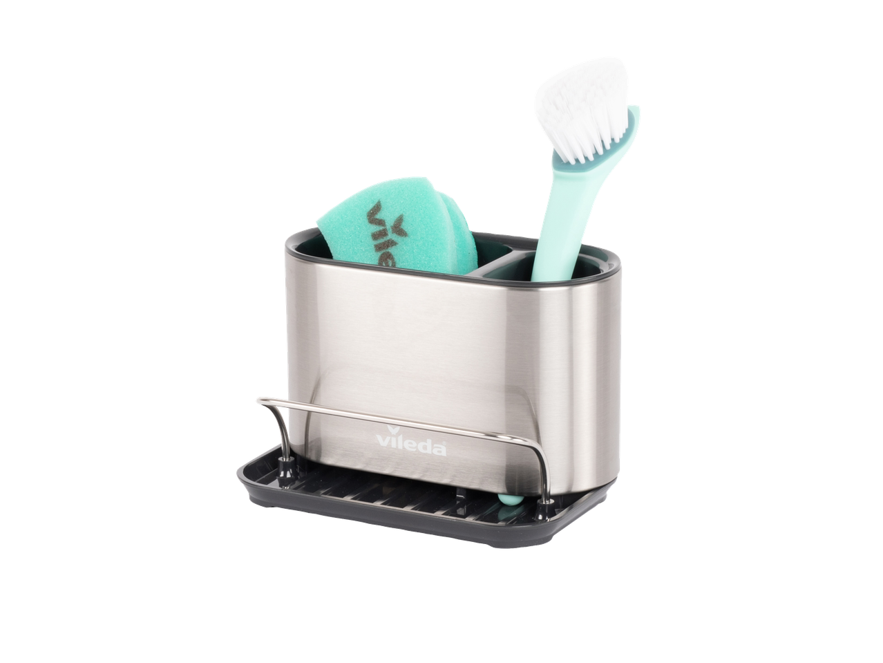 Organizador de lava-louças Vileda em aço inoxidável com esponjas e escova.