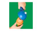 Child's hands playing with a toy ice cream cone and a blue scoop.