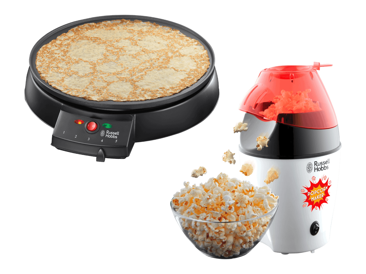 Russell Hobbs -kreppipannu ja Russell Hobbs -popcornkone kulhollisella popcorneja.
