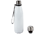 Bouteille d'eau réutilisable blanche avec un bouchon en métal à côté.