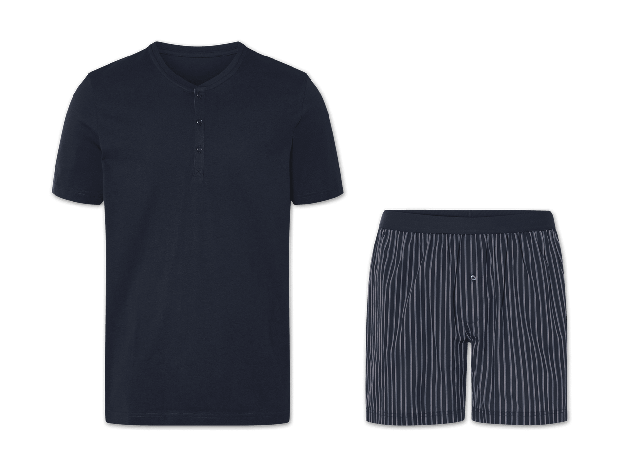 Dunkelblaues Herren-Pyjama-Set mit Hemd und gestreiften Boxershorts.