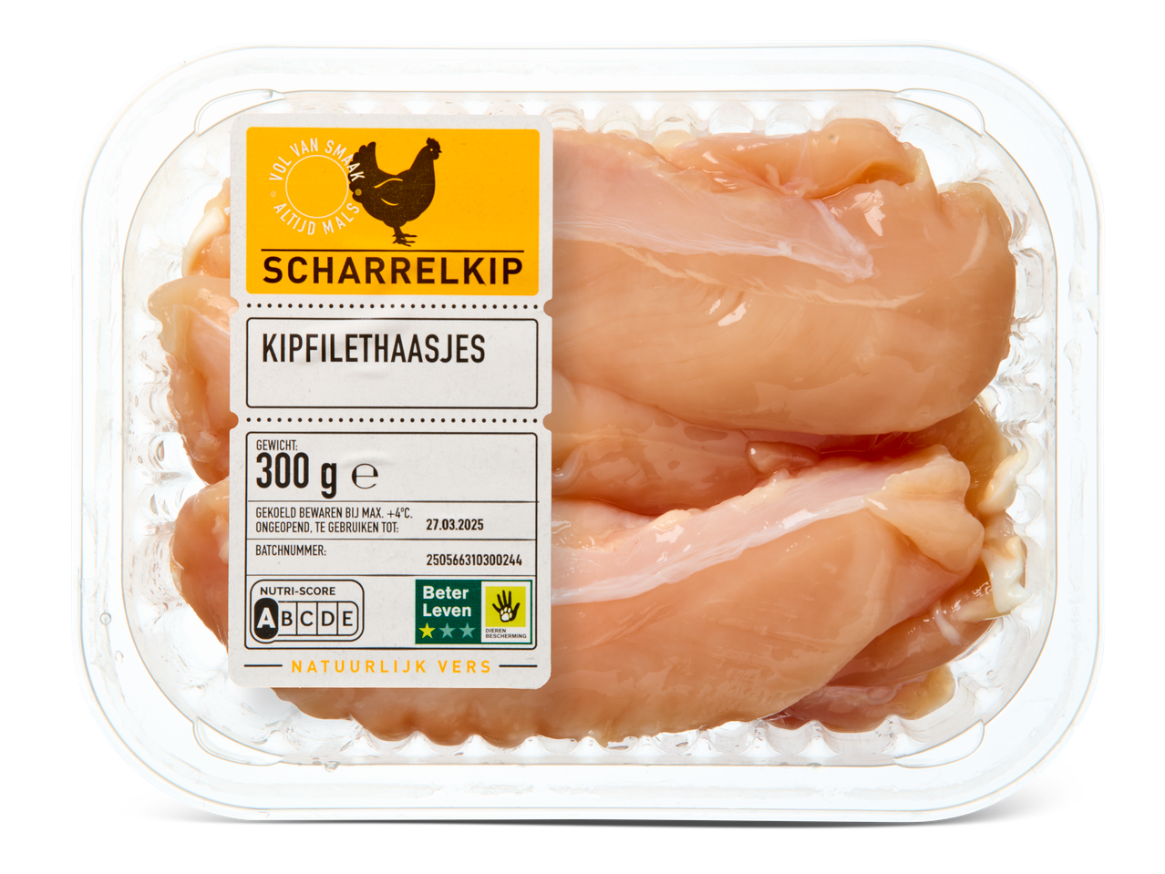 Verpakking met scharrelkip kipfilethaasjes, 300g, met Nutri-Score A en Beter Leven keurmerk.
