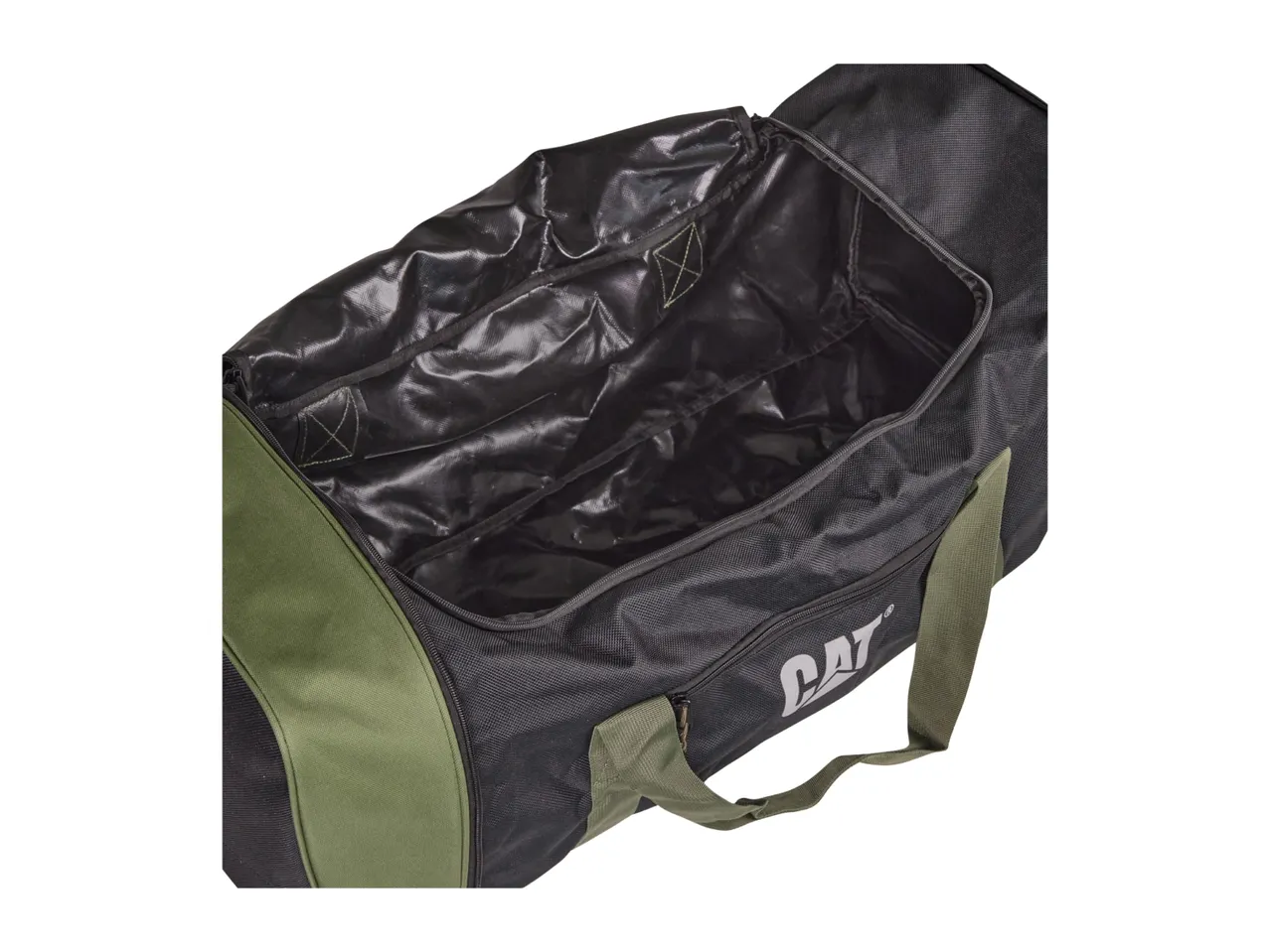 Open black and olive green duffel bag with a white CAT logo.