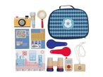 Wooden detective play set with camera, flashlight, magnifying glass, and police badge.