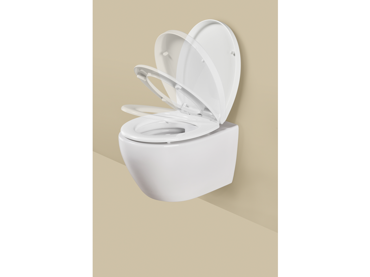 Vas de toaletă alb suspendat cu capac și scaun cu închidere lentă, prezentat în mai multe poziții.