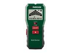 Green multi-sensor stud finder with a digital display showing 'STUD METAL DEEP AC' and control buttons.
