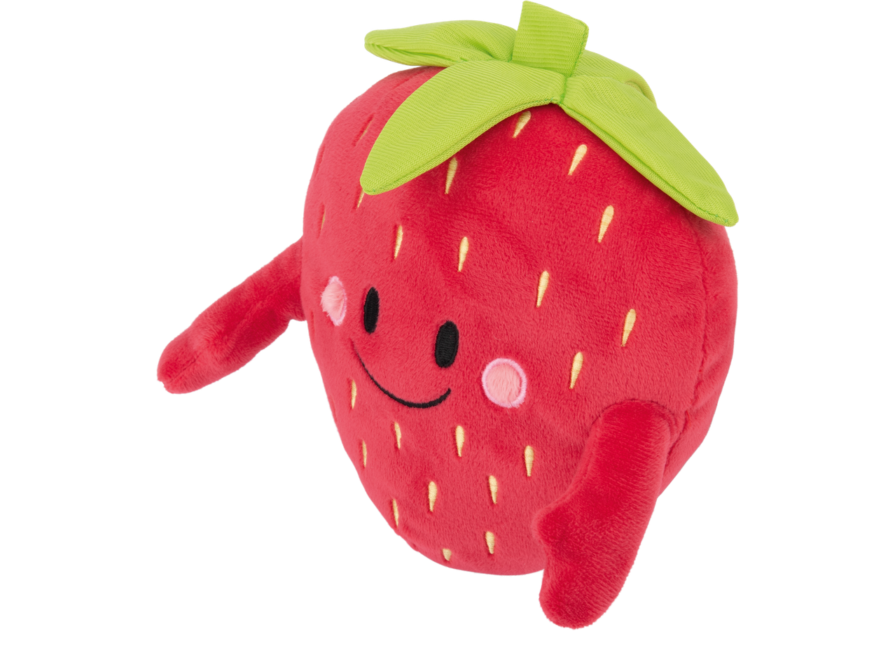 Peluche de morango vermelho com folhas verdes, olhos pretos e sorriso.