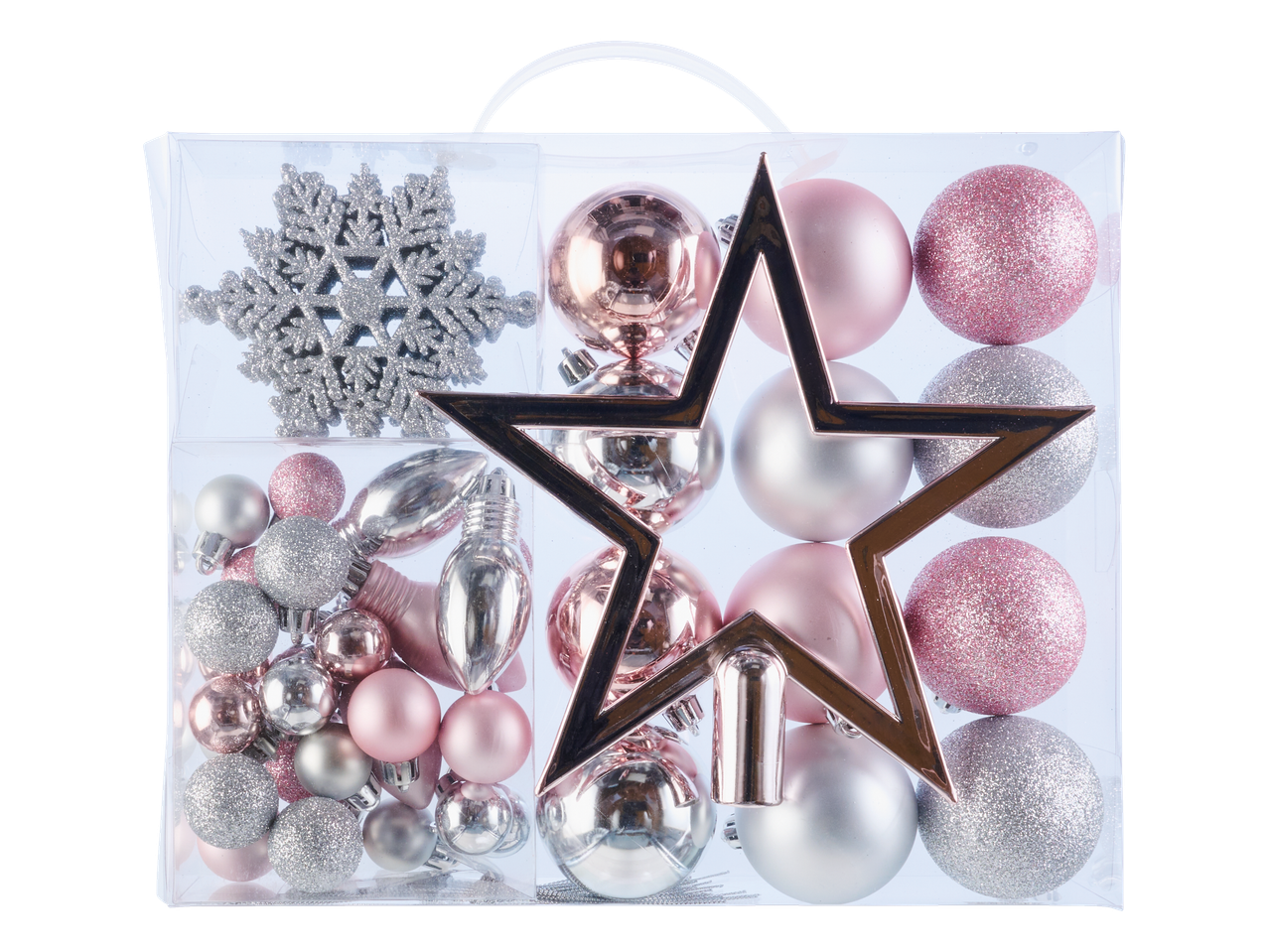 LIVARNO home, Ziemassvētku eglītes rotājumu komplekts: sudraba sniegpārsla, rozā un sudraba bumbas, zelta zvaigzne.