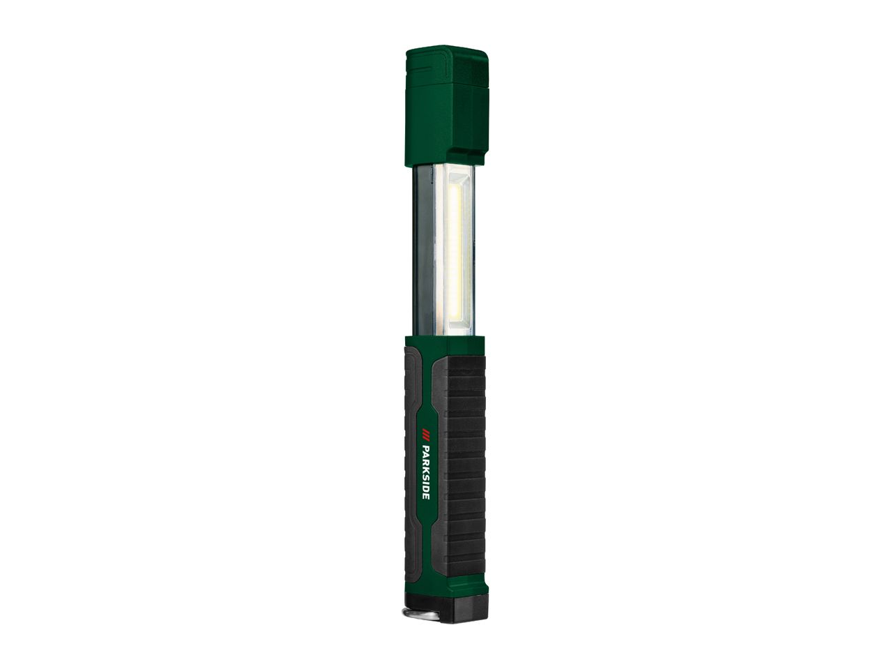 Green and black LED work light with a rectangular head and a textured handle.