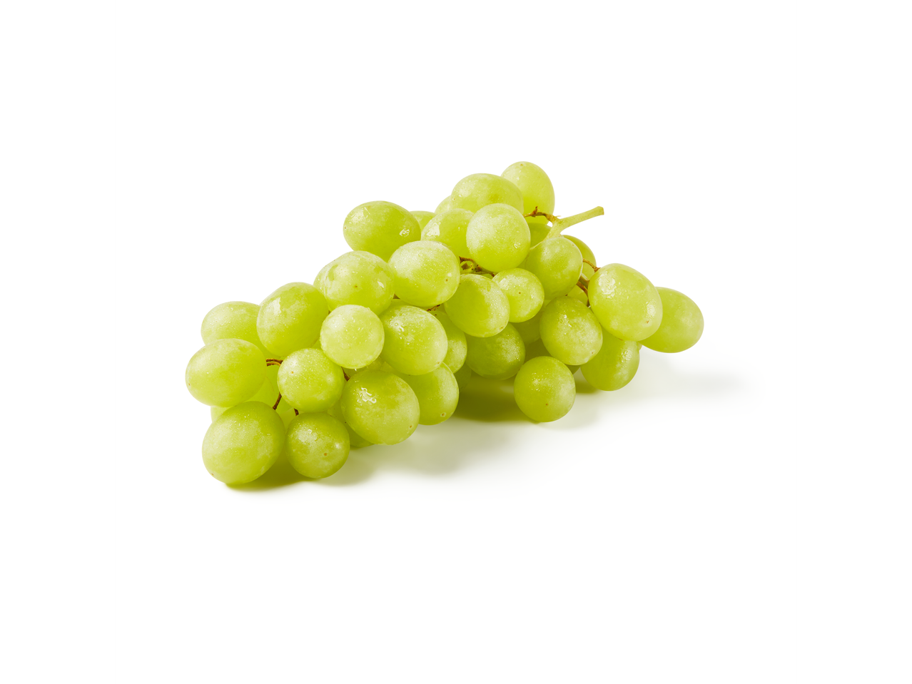 A bunch of fresh green grapes with water droplets on a white background.