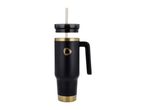 Black and gold insulated tumbler with a handle and a straw, with the lid slightly open.