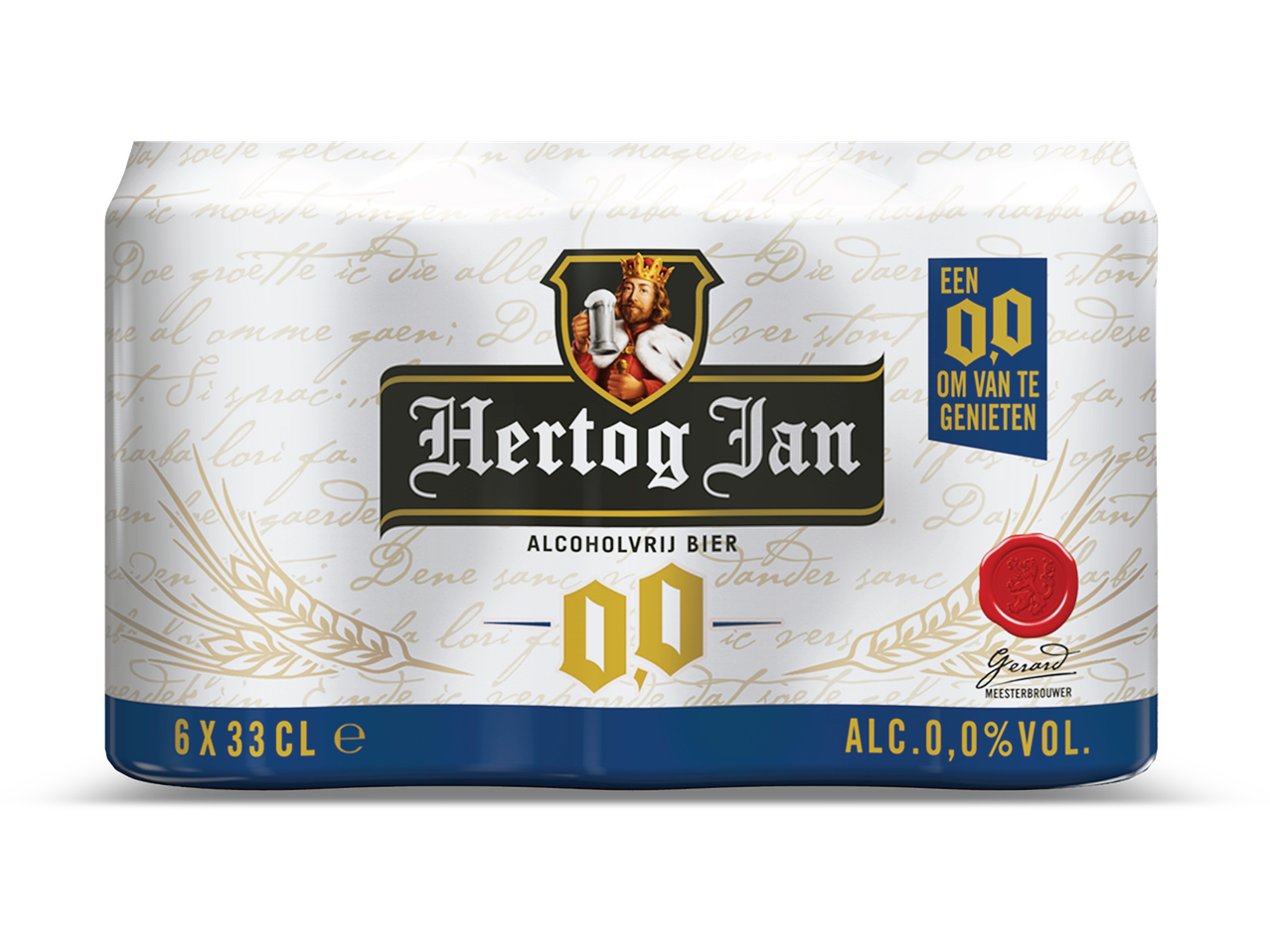 Een sixpack blikjes alcoholvrij bier met een koning die een bierpul vasthoudt en de tekst '0.0 om van te genieten'.