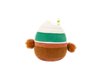 Plush drink-shaped toy with whipped cream and a straw, in green and brown colors.