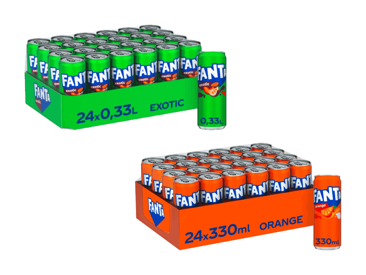 Zwei 24er-Packungen Limonadendosen, eine exotische Geschmacksrichtung und eine Orange.