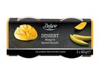 Dessert with mango and spiced biscuits, marketed as 'The ultimate treat for fruit lovers' in a 2 x 60g package.