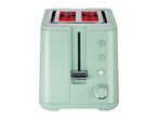 Mint green toaster with two slots, control buttons, and a browning dial.