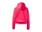 Back view of a bright pink hoodie with a hood and ribbed cuffs and hem