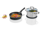 Frigideira e panela em bases de proteção térmica.