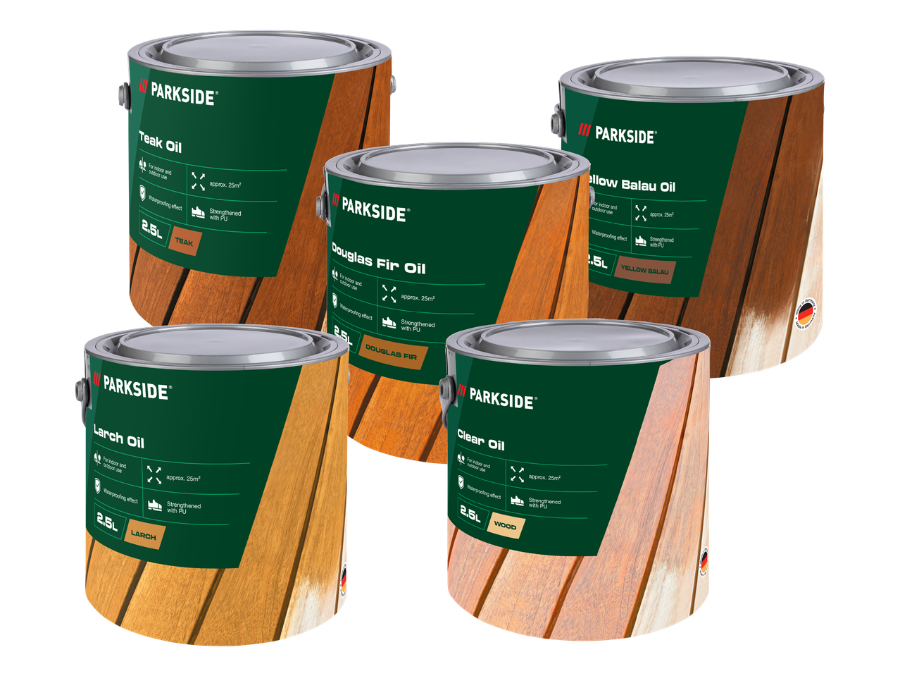 Pet limenki ulja za drvo (tikovo, žuto balau, ariš, duglazija, prozirno) za unutarnju i vanjsku upotrebu.