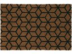 Brown coir doormat with a black geometric cube pattern.