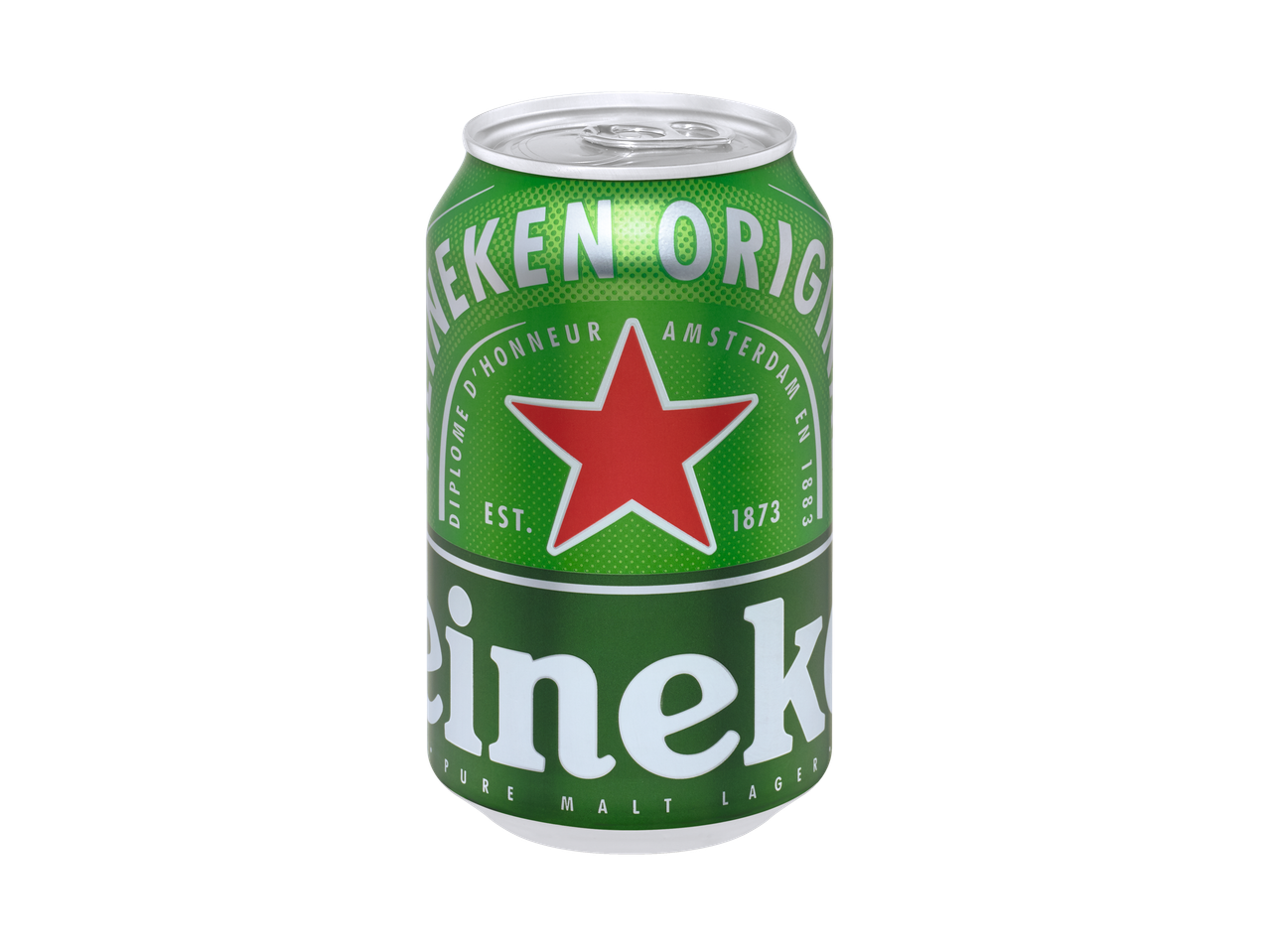 Eine Heineken-Dose, grün mit weißer Beschriftung, zeigt das Logo der Marke und das Gründungsjahr.
