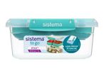 A clear plastic food storage container with a teal lid and insert tray, 1L capacity.