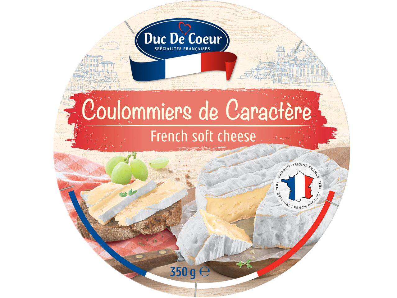 Duc de Coeur Coulommiers de Caractère French soft cheese, 350g, with a French flag ribbon.