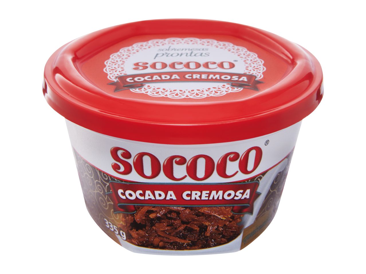 A tub of creamy coconut candy, with a red lid and label featuring the text 'SOCOCO COCADA CREMOSA'.