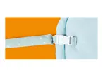 Close-up of a light blue fabric strap with white polka dots and a white buckle