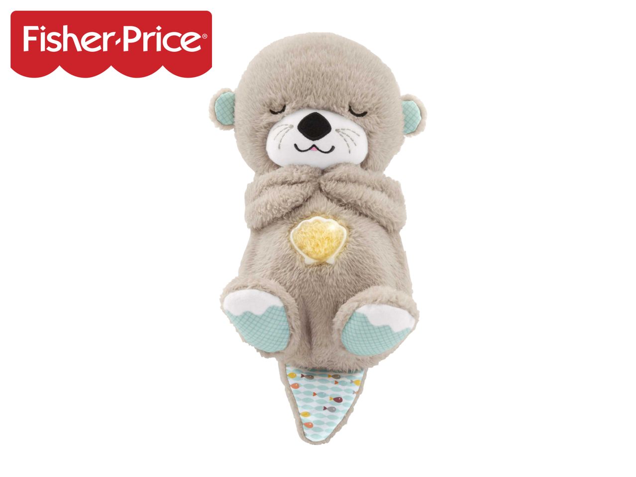 A plush otter toy with a glowing seashell on its belly, designed for soothing babies.