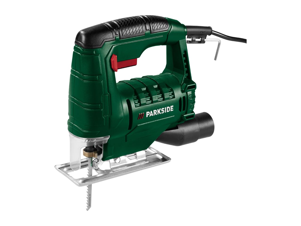 Green and black jigsaw with a metal base and a saw blade, shown from a slightly elevated angle.