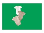 Three baby bodysuits in white, light brown, and beige on a green background.