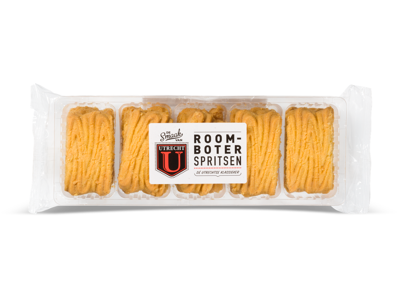 Regionale koekjes: een doorzichtige plastic tray met boterspritsen en een wit etiket