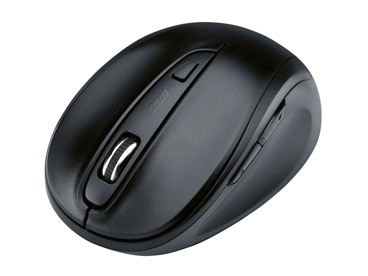 Black wireless computer mouse with a scroll wheel and DPI button.