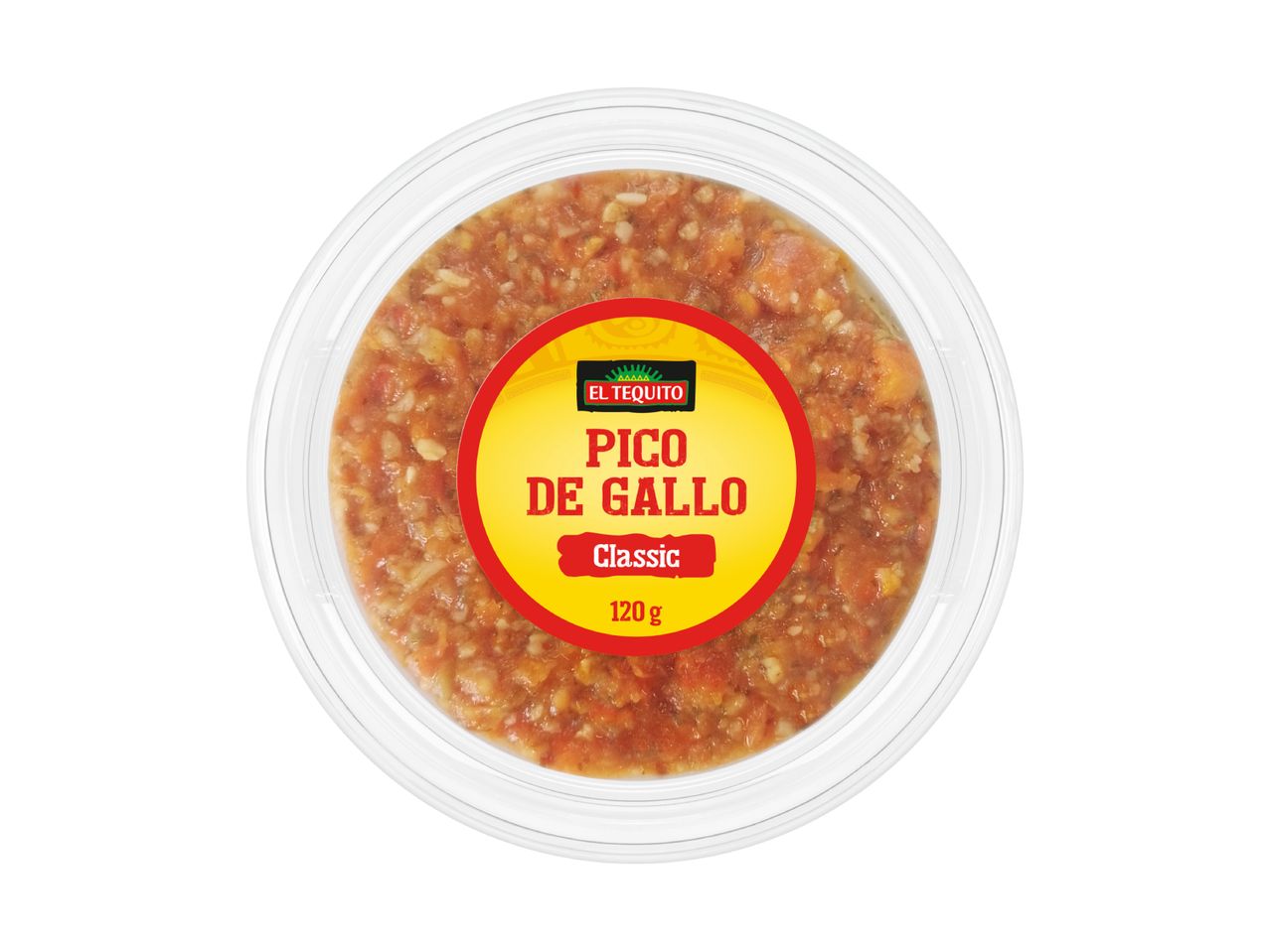 A clear plastic container of classic pico de gallo, 120g, with a yellow and red label.