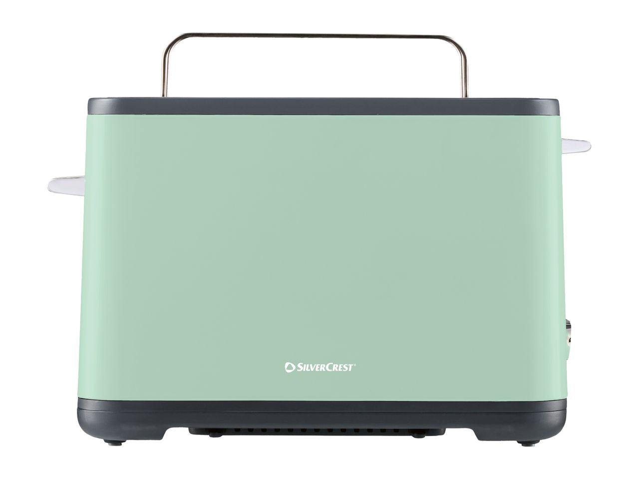 SilverCrest toaster in light green with a dark gray base and a metal handle.