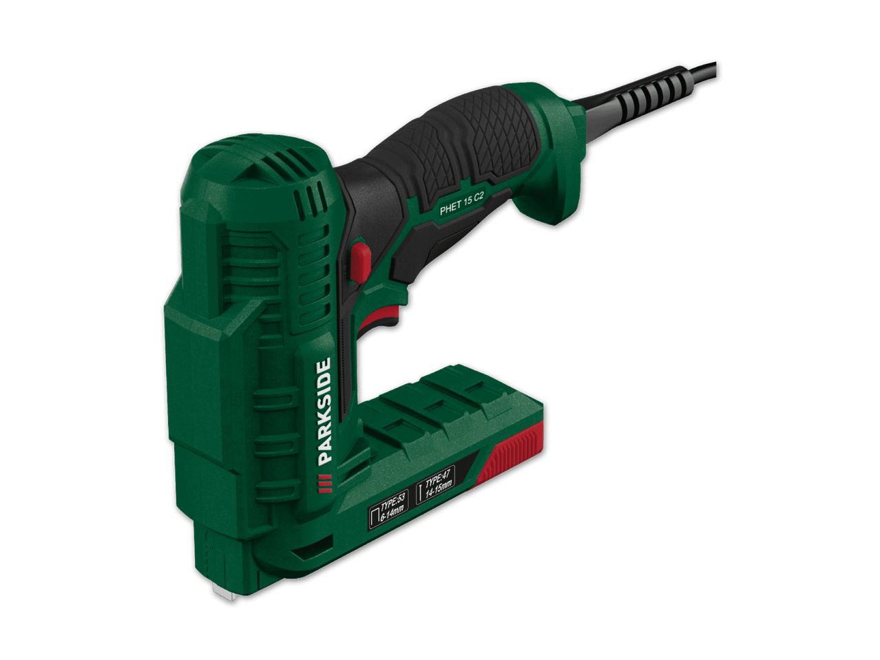 Grüner elektrischer Tacker mit schwarzem Griff und roten Akzenten, geeignet für Klammern Typ 53 (6-14mm) und Nägel Typ 47 (14-15mm).
