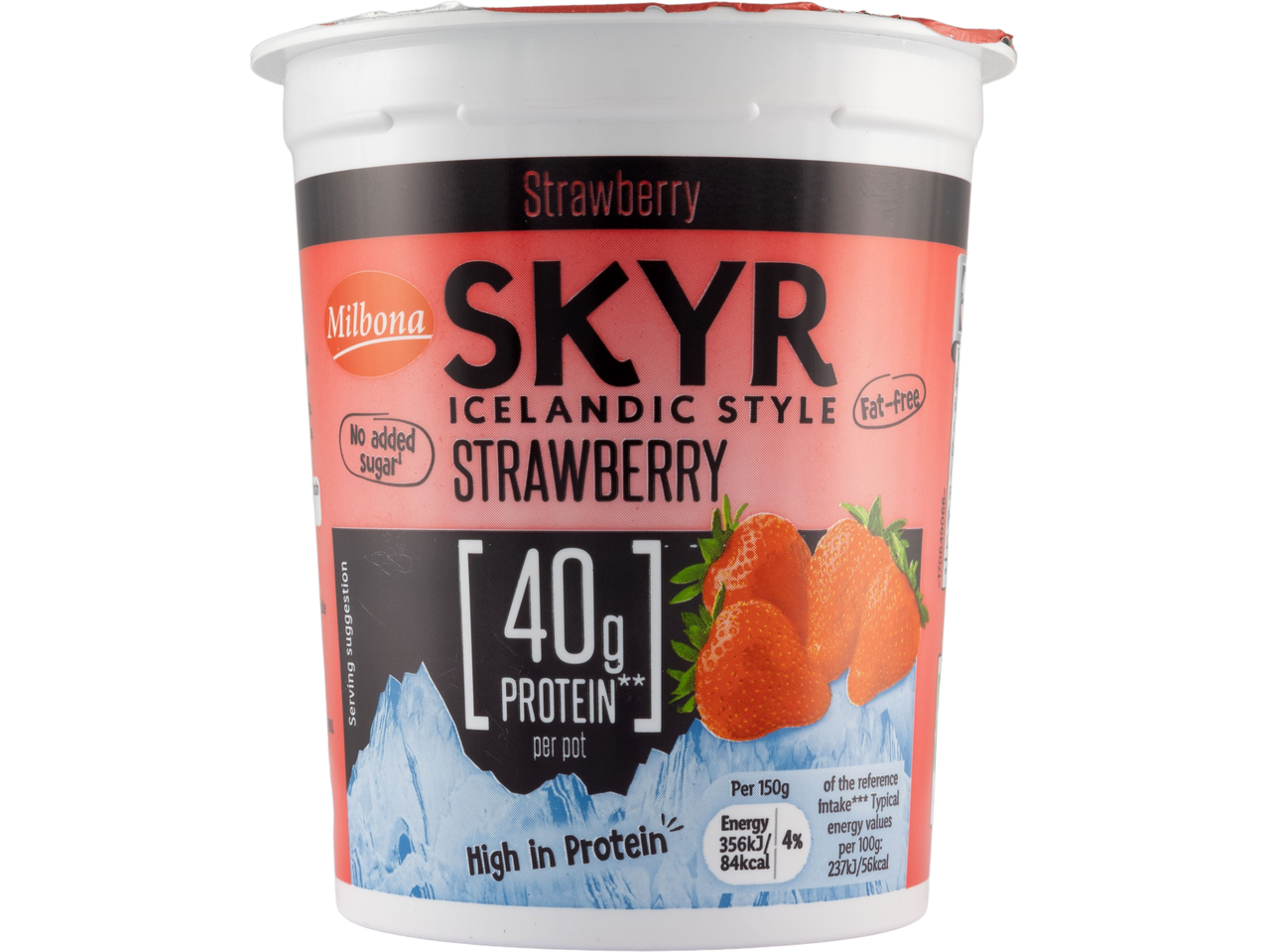 Milbona Skyr strawberry yogurt: fat-free, high in protein (40g).
